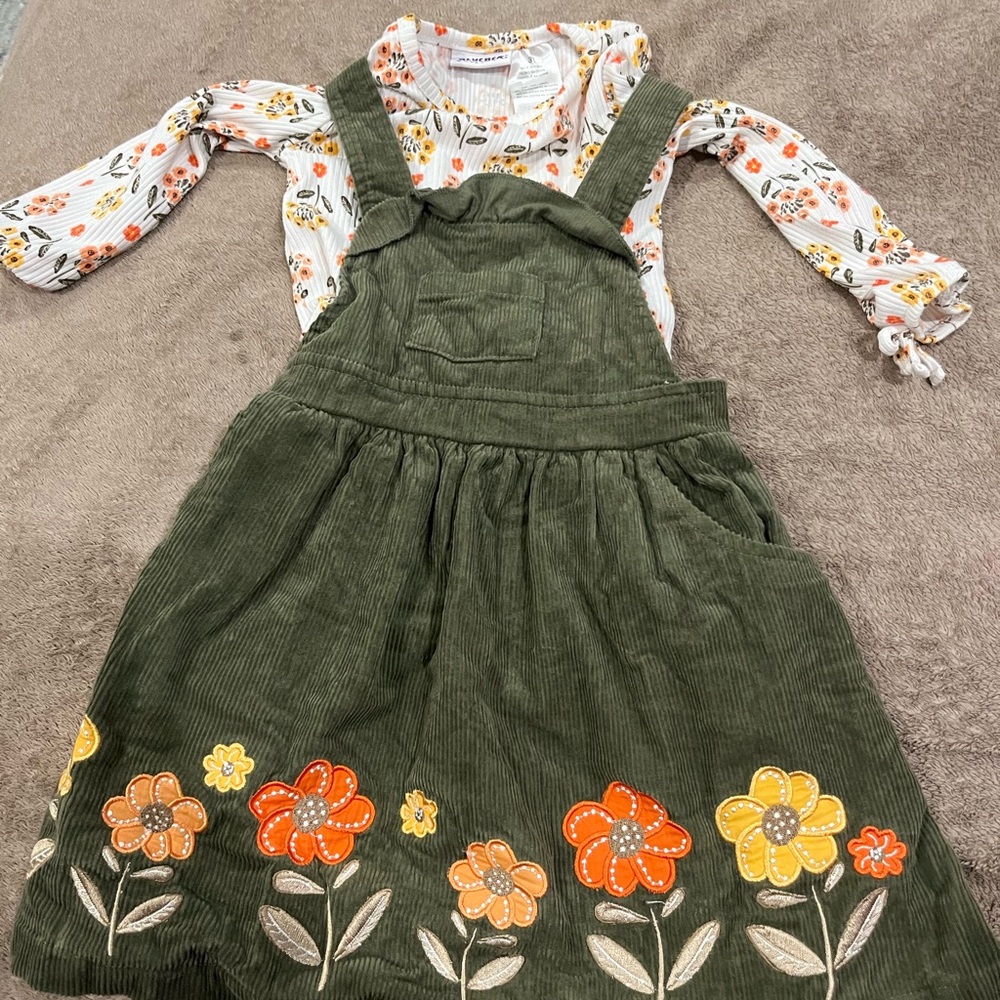Blueberi Boulevard Green Corduroy Dress with Floral Accents